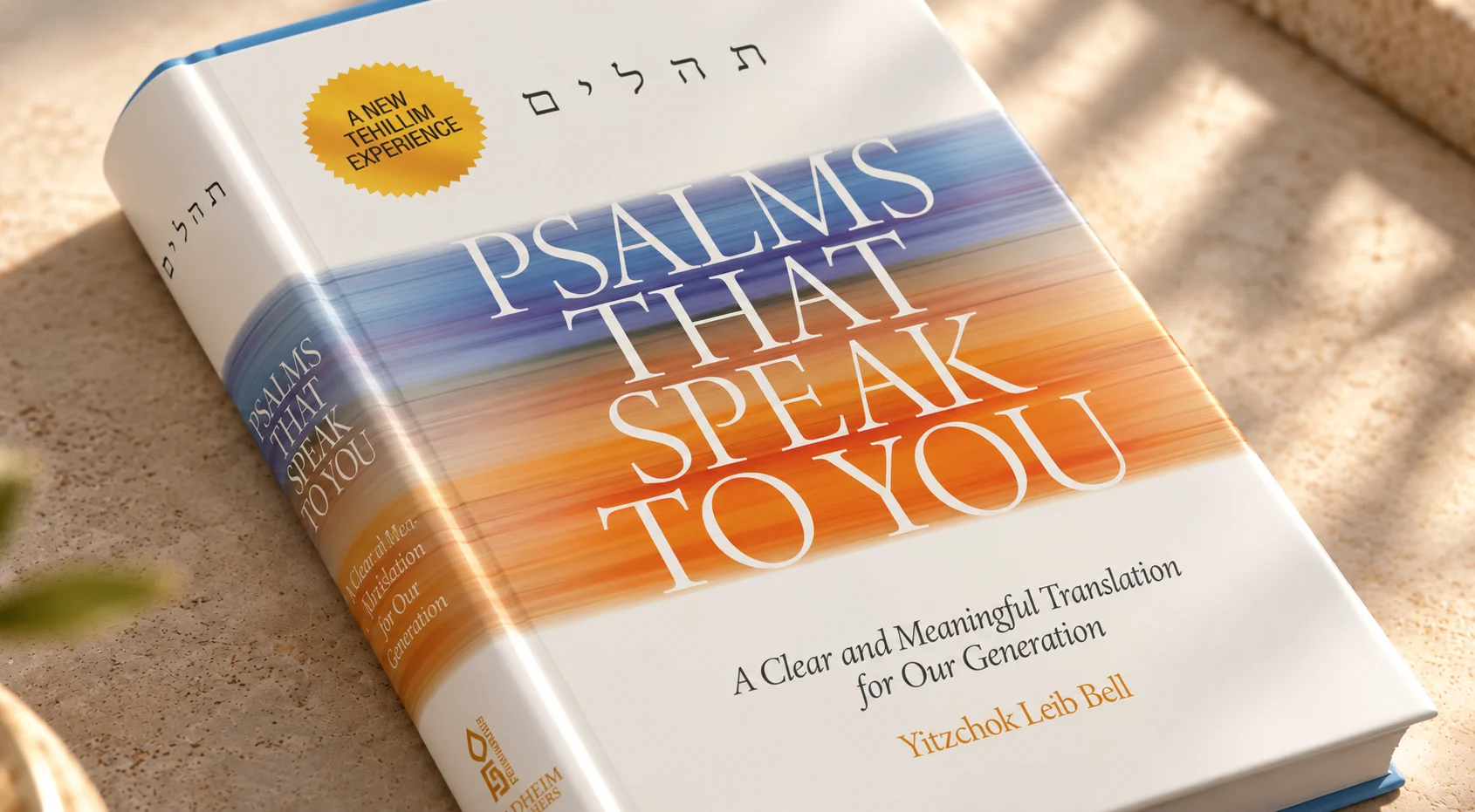 Psalms That Speak to You hardback lying on warm stone beside an olive branch, in dappled sunlight