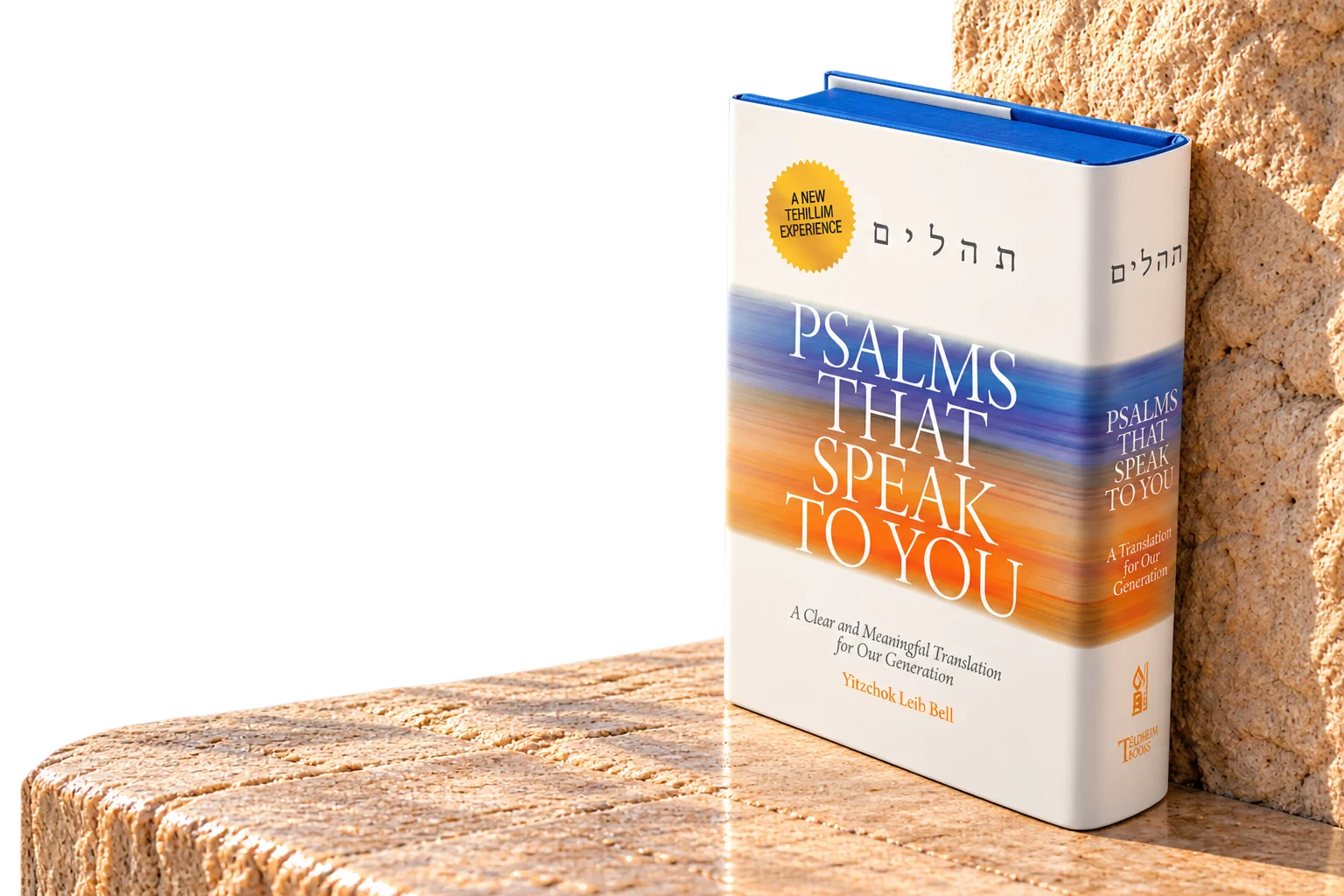 Psalms That Speak to You hardback resting on a stone wall above the Old City of Jerusalem